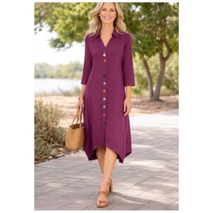SOFT SURROUNDINGS Women’s Size S Wine Danielle 3/4 Sleeve Button-Up Midi Dress